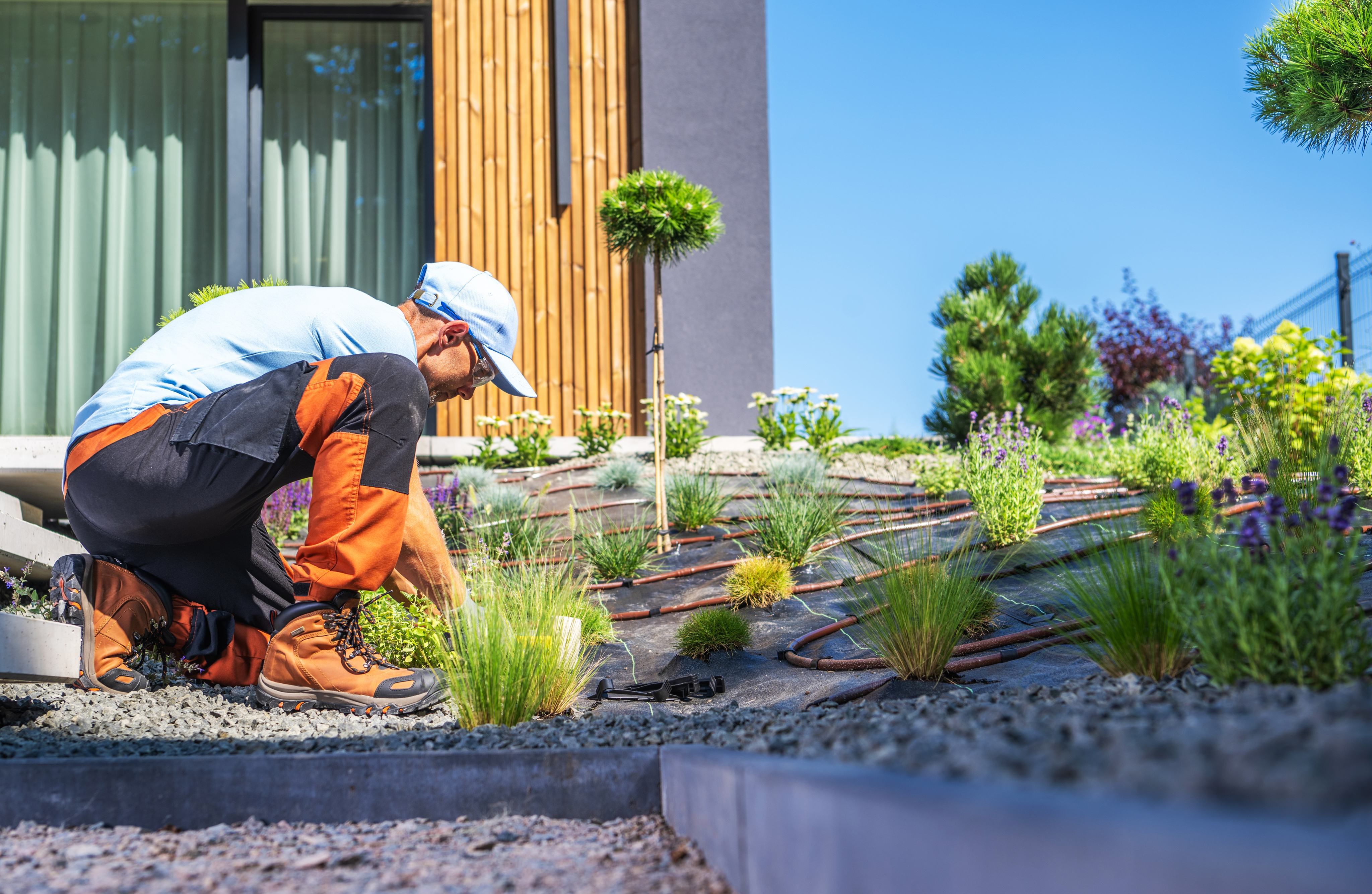 Gardener working on a modern landscape design